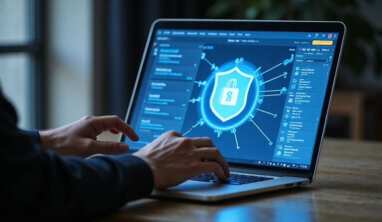 A person interacting with a secure website on a laptop, showing data being processed securely.