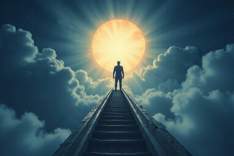 A person climbing a ladder towards a glowing light, symbolizing growth and future opportunities.