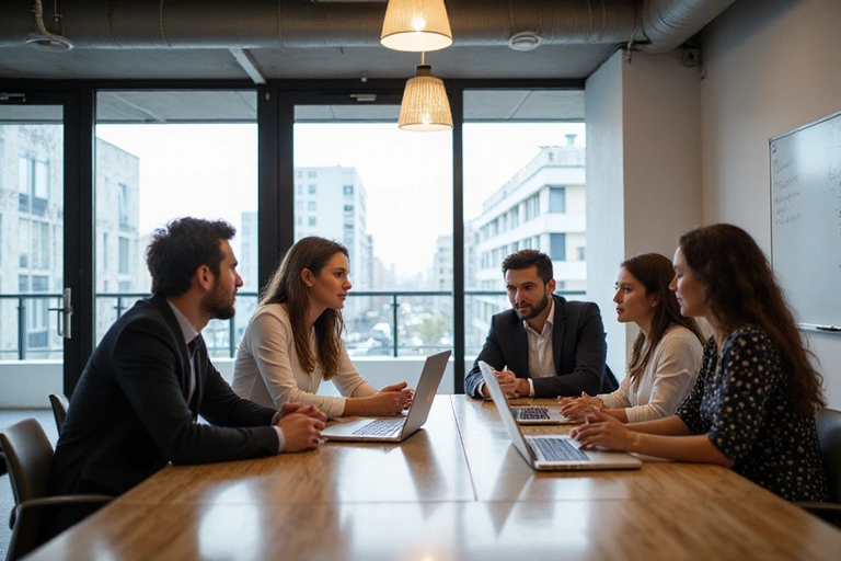A diverse group of business people collaborating and brainstorming in a modern, open-plan office.