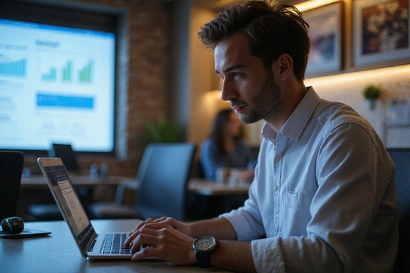 A person reading on a laptop in a professional setting, symbolizing knowledge and learning.