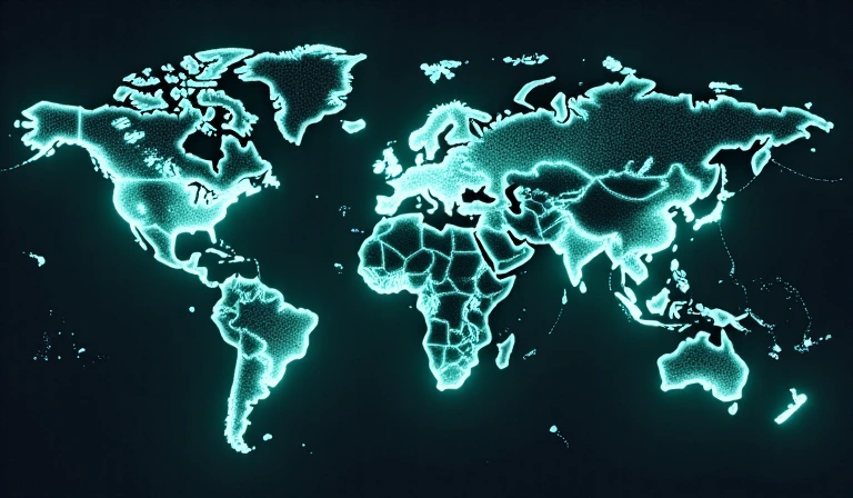 A global map with interconnected lines and glowing dots, representing global reach and interconnected business solutions.