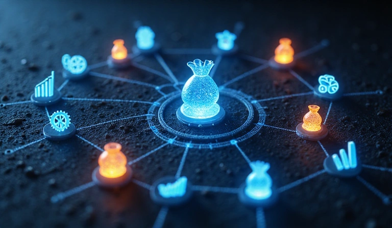 Abstract representation of interconnected business processes and solutions, modern and clean.