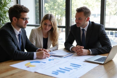 Business planning and strategy meeting with charts and diagrams.