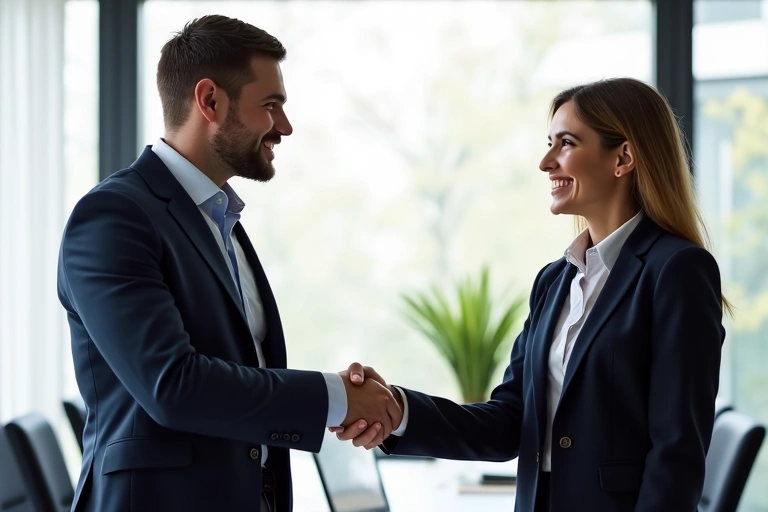 Two business professionals shaking hands in a bright, modern office, symbolizing partnership and growth.